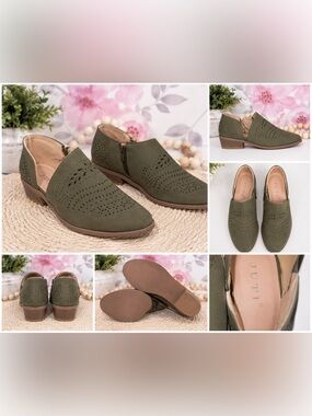 Olive Green Perforated Ankle Booties